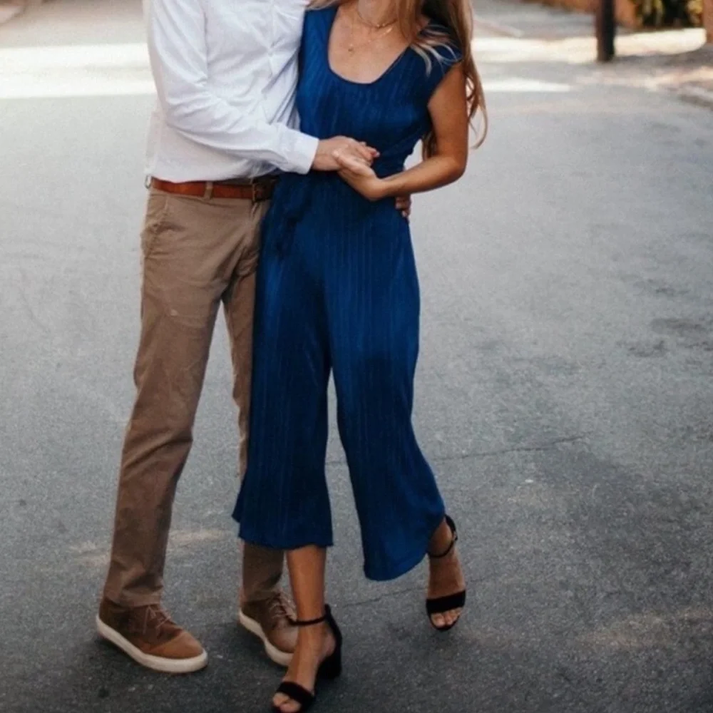 Maeve Sonata Belted Plisse Pleated Belt Tie Wide Leg Blue Jumpsuit